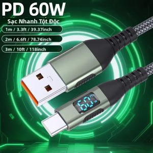 Cáp Sạc Nhanh USB Sang Type-C 60W Bộ Sạc Màn Hình Kỹ Thuật Số Bện Nylon Tương Thích Với iPhone 16 15 Tốc Độ Cao 80Mbps Màu Xám
