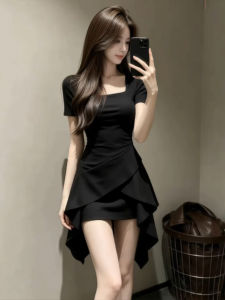 NIUVIES | French Style Black Dress A-line Slim Fit