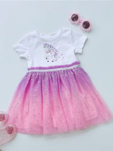 Girls Unicorn Dream Sequin Pure Cotton Short Sleeve Dress Cute Princess Skirt Childrens Clothing Summer Casual Cotton Dress