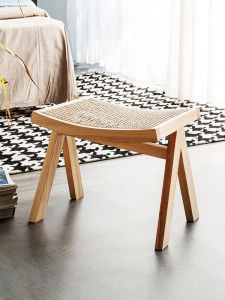 Scandinavian Solid Wood Rattan Stool Retro Home Balcony Low Stool Silent Wind Home Shoe Changing Stool Bed Stool Makeup Stool