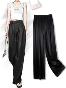 TUOYUN | Acetate Satin Wide Leg Pants Womens Summer Thin Cool High Waist Casual Suit Pants Original Style Pocket Detail High Waist Straight Cut