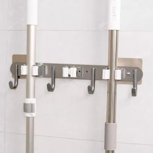 No-Drill Mop And Broom Holder Wall Mounted Bathroom Storage Organizer Detachable Suction Cup Hooks Household Essential