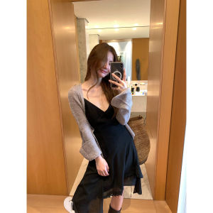 Torono Fashionable Two-Way Wear Irregular Hollow out Cardigan Set Dress High Waist A-Line Skirt V-Neck Sleeveless Zipper Closure