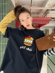 Asymmetrical Sleeve Long Sleeve T-Shirt Burger Kitty Spring 25 Commute Style Loose Fit round Neck Print Design Autumn Suitable