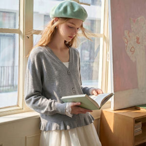 Light Gray V-neck Raglan Knitted Cardigan Loose Soft and Gentle