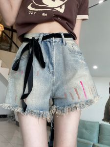 Quần Short Denim American Cạp Cao Mùa Hè 2023 Quần Bó Thắt Nút Ngắn Quần Bó Nâng Mông Thời Trang Quần Bó Phong Cách Retro