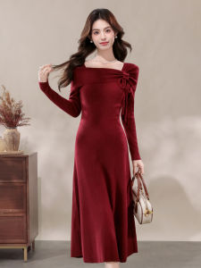 French Style Knitted Dress Hepburn Style mid High Waist Polyester Fabric Medium Stretch A-Line Skirt Long Sleeve Midi Dress