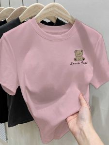 American Style Pure Cotton Slim Fit Short Sleeve T-Shirt Women Summer Fashionable Versatile round Neck Top Korean Version