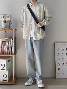 Japanese-Style Retro Overalls Long Sleeve Shirt Mens Spring and Autumn Loose Casual Versatile Outerwear Trendy Ins Hong Kong Style Tops