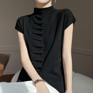 YUEXINYIRONG | Ruffled Aesthetic Half-high Collar Flounce Button Up Stylish Casual Unique Women T-shirt