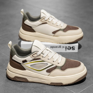 White Mens Casual Shoes Breathable Leather Thick Bottom Flat Board Shoes Sporty Chic Comfortable Slip-On round Toe Rubber Sole