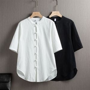 Slim Fit Cotton Linen Shirt Mens Short Sleeve Button up Summer Thin Cotton Linen Top New Chinese Style Youth Trend Casual Shirt