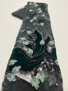Luxury African Velvet Beaded Sequins Lace Fabric 5 Yards Groom Embroidery French Tulle Lace for Women Party Wedding Dresses