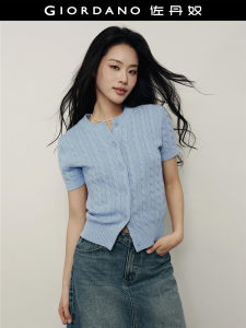 Giordano Pure Cotton Knitted Short Sleeve round Neck Open Cardigan Womens Fashion Summer Casual Wear Single Button Closure