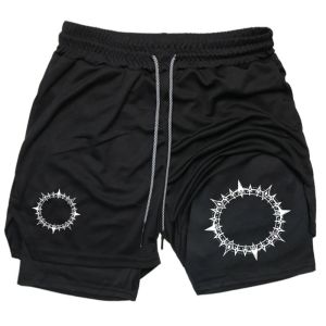 Circular Pattern Print 2 in 1 Gym Workout Shorts for Men Quick Dry Stretchy Athletic Compression Shorts Fitness Running Jogging