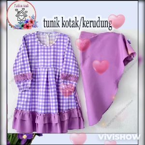 Gamis Anak Motif Kotak Set Kerudung Usia 3-10 Tahun