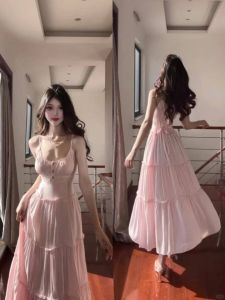 Gentle Summer 2024 French Style Strapless Long Dress Womens Beach Vacation Princess Fairy Tale Maxi Dress High Waist Chiffon