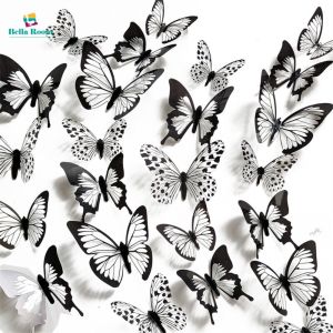 12/24PCS 3D Black and White Butterfly Wall Stickers for Refrigerator Door Decor Simulation Pattern Living Room Decoration