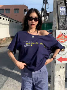 plus Size American Letter Print off Shoulder Short Sleeve T-Shirt Women Summer Slimming Loose Fit Versatile Top Korean Style