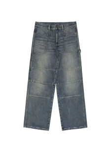 MASONPRINCE 70s Worker Style Mid-Low Waist Cargo Jeans Long Trousers for Men Vintage High Waist Slim Fit Straight Leg Jeans