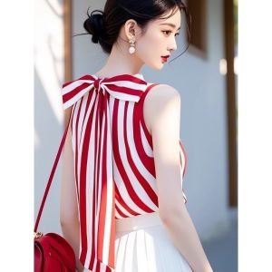Áo Sơ Mi Nữ Tay Ngắn Mùa Hè Phong Cách Hàn Quốc Họa Tiết Sọc Thắt Nút Bướm Thanh Lịch Cao Cấp Thời Trang Trẻ Trung