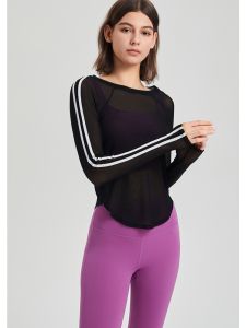 T-shirt sukan lengan panjang bergaya SUPERFLOWER wanita-reka bentuk Mesh bernafas untuk kecergasan berjalan dan Yoga