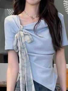 Áo Thun Tay Ngắn Thắt Nút Bướm Phong Cách Ngọt Ngào Thiết Kế Không Đều Mùa Hè Cho Nữ Cỡ Lớn Mặc Thường Ngày