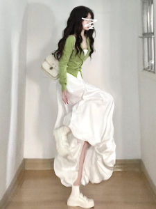 Korean Style Long Dress Set Womens Fashion Autumn Winter Elegant Ensemble Skirt Two-Piece Suit High Waist A-Line Dress