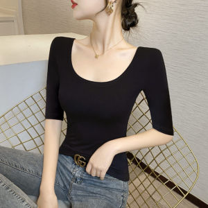 Black Knitted Mid-Sleeve T-Shirt Womens Base Shirt Inner Wear Low Collar Slim Fit Five-Sleeve Top Fashionable Commute Classic