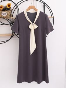 Elegant Summer New Style Womens Dress Loose A-Line Short Sleeve V-Neck Butterfly Knot Fashionable Casual Korean Style