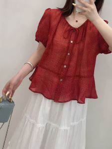 YINGDAI | Áo Sơ Mi Nữ Form Ôm Dots Tay Ngắn Cổ Tròn Chi Tiết Nơ Thắt Phù Hợp Với Người Bé Nhỏ