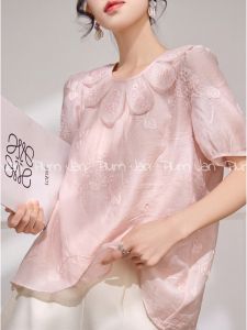 PlumJan | Áo Sơ Mi Cao Cấp Elegance Mùa Hè Với Cổ Voan Thêu Nặng Phong Cách Trung Quốc