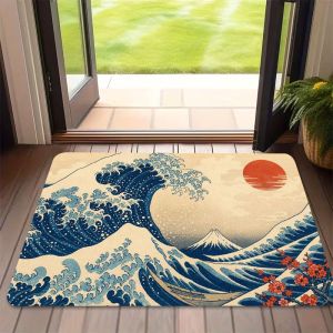 VIKAMA Great Wave Nghệ Thuật Nhật Bản Thảm Cửa Kanagawa In Hình Thảm Chống Trơn Trượt Cho Trong Nhà Ngoài Trời Lối Vào Cửa Trước Trang Trí Châu Á Phong Cách Hiện Đại