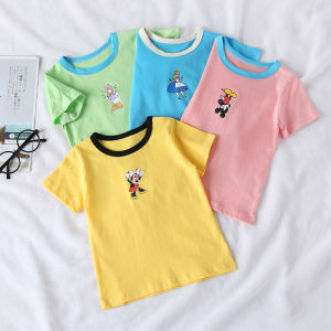 Girls Summer T-Shirt Short Sleeve Loose round Neck Baby Doll Cartoon Print Base Shirt Trendy Cotton Sweat Absorbent Korean Style