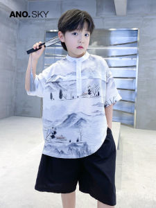 Another Sky Brand Boys Summer Short Sleeve Hanfu Set Thin Tang Suit Childrens National Style Clothing Polyester Fabric
