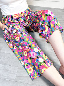 Fashionable Ultra-Thin Loose Cotton Silk Sleepwear Seven-Foot Pants Womens Casual Beach Home Pants All-Match Cartoon Pattern