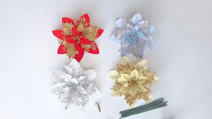 17 MILE 5/10Pcs Glitter Artificial Flowers With Clips Merry Christmas Ornaments Xmas Tree Decorations for Home