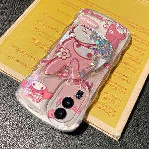 Cute Pink Sandflow Mobile Phone Case with Mirror for OPPO Reno Series Protective Silicone Shell Cartoon Style Makeup Mirror Included