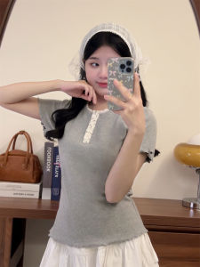 2025 New Womens Lace Trim Short Sleeve T-Shirt Korean Style Small Size Floral Button Slim Fit Short Length Top round Neck