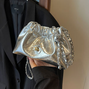 Y2K Millennium Ladies Shoulder Bag 2024 New High-End Fashion Chain Bucket Bag Crossbody Bag Soft PU Leather Pure Color