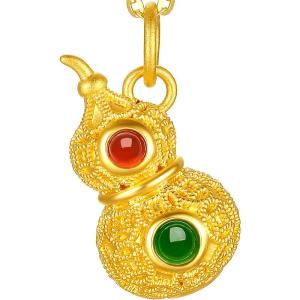 Golden Gourd Pendant Necklace With Hetian Jade and Red Agate
