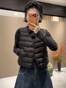Short V-Neck Quilted Down Vest for Women Winter