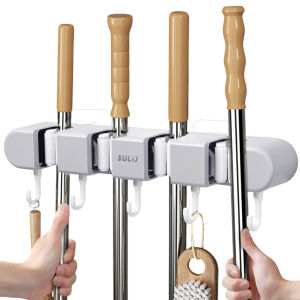 Wall Mounted Mop Holder with Hooks Upgrade Self-adhesive Suction Cup Broom Holder Heavy Duty Broom Hanger for Kitchen Bathroom