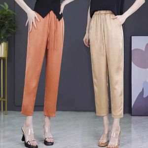 High-Waist Ice Silk Satin Capri Pants for Women 2024 Summer Thin Style Loose Fit Slimming Casual Drop Leg Harajuku Trousers