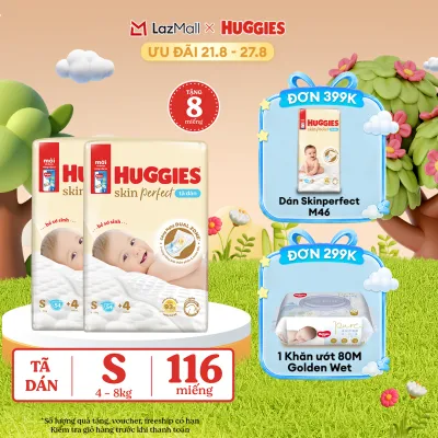 [17-24.08 QUÀ TẶNG ĐƠN 0Đ] Combo 2 Tã/bỉm dán sơ sinh Huggies Skin Perfect S 54 miếng với 2 vùng thấm giảm kích ứng da