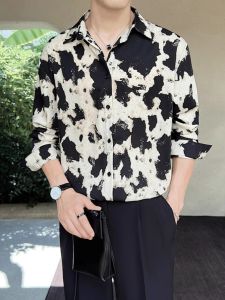 Lightly Mature Shirt Men Splash Ink Tie-Dye Style Print Short Lapels Underwear K-style Mens Jacket Tide