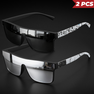 2PCS Classic Fashion Square Sunglasses - One-Piece Lens Patterned Temples UV400 for Cycling Running & Travel