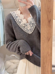 เสื้อสเวตเตอร์ถักแขนยาวผู้หญิงฤดูใบไม้ร่วง/ฤดูหนาวแฟชั่นคอวีลูกไม้ตัดเย็บเสื้อชั้นในแบบสวมหัวดีไซน์เก๋ไก๋สำหรับผู้หญิง