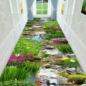 VIKAMA 3D Stream Floral Koi Thảm Trải Sàn Chống Trượt Thảm Trải Sàn Trong Nhà Chống Thấm Nước Cho Lối Vào Hội Trường Trang Trí Phòng Ngủ Chất Liệu Nhung Pha Lê