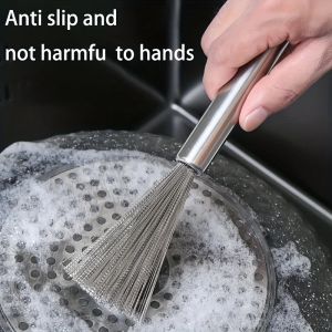 Kitchen Stainless Steel Cleaning Brush Long Handle Utensil Scrubber Anti-Rust Stainless Steel Kitchen Special Brush Pot Tool